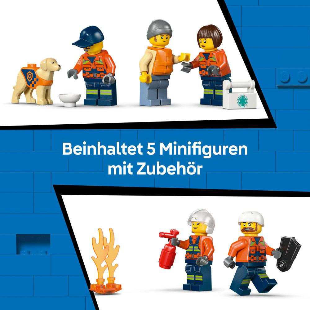 Das Bild zeigt Lego-Minifiguren von Sanitätern mit Zubehör, darunter ein Hund, Helme und ein Erste-Hilfe-Kasten, auf blauem Hintergrund.