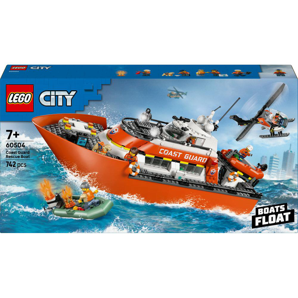 Lego City Küstenwache Rettungsboot Set. Orangefarbenes Boot, kleines Boot mit Feuer, Hubschrauber und Stadtlandschaft im Hintergrund.
