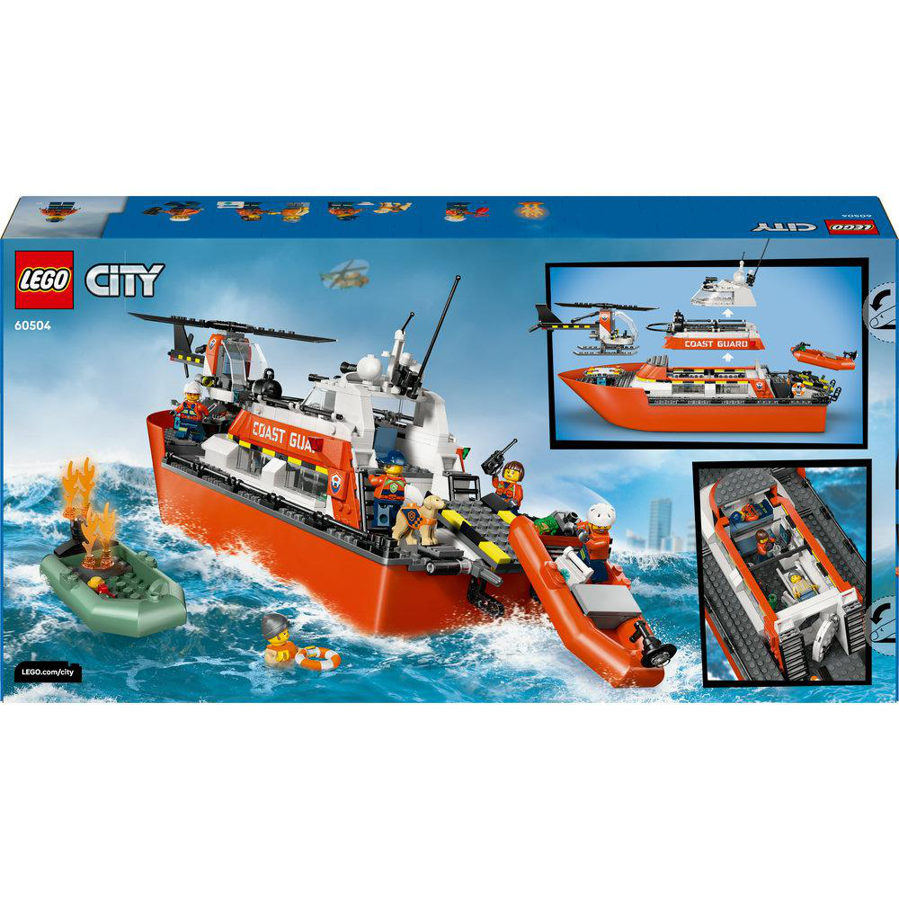 Lego City Coast Guard Set-Box. Es zeigt ein Rettungsboot, einen Hubschrauber und andere Rettungsfahrzeuge auf See.