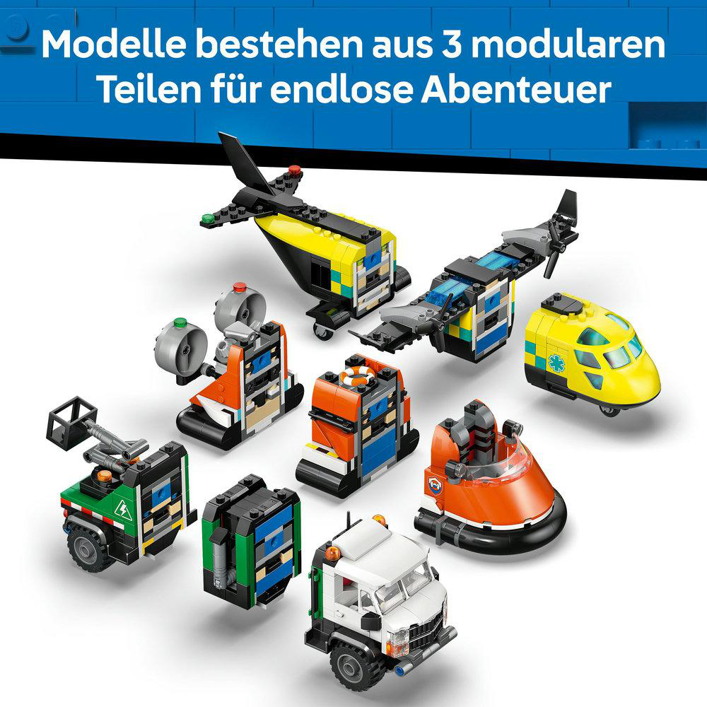 Verschiedene bunte Spielzeugmodelle werden gezeigt, darunter ein Flugzeug, ein Zug und Fahrzeuge. Der Text besagt, dass Modelle aus 3 Teilen bestehen.
