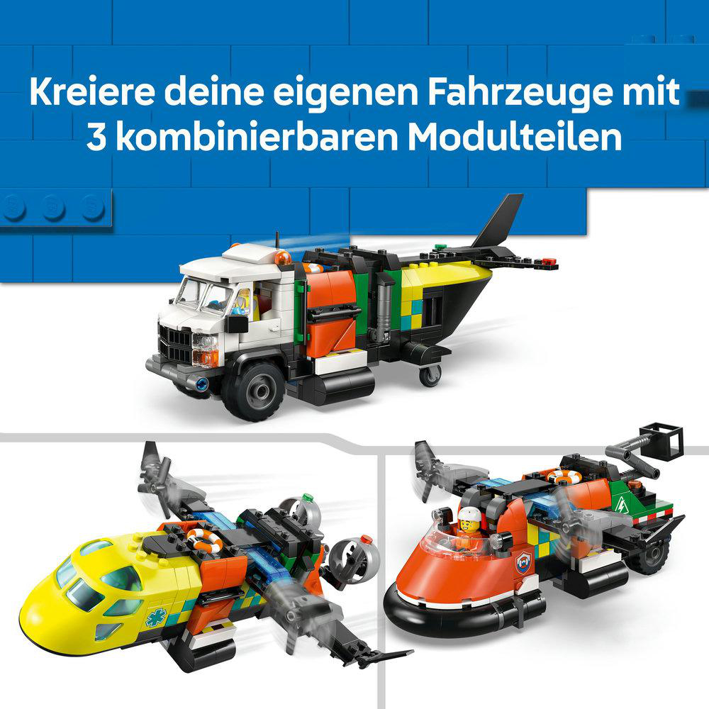 Das Bild zeigt 3 Spielzeugfahrzeuge aus modularen Teilen. Die Fahrzeuge sind ein Lkw, ein Flugzeug und ein Luftkissenfahrzeug, alle in leuchtenden Farben.