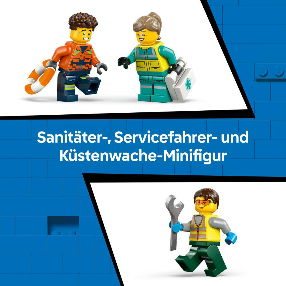 Das Bild zeigt drei Lego-Minifiguren. Die obere Reihe zeigt einen Sanitäter und einen Servicemitarbeiter. Die untere zeigt einen Mechaniker.