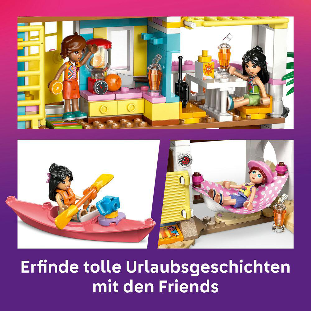 Lego Friends Set. Szenen umfassen eine Saftbar, ein Mädchen, das an einem Tisch mit einem Getränk sitzt, ein Mädchen, das Kajak fährt, und ein Mädchen, das sich in einer Hängematte entspannt.