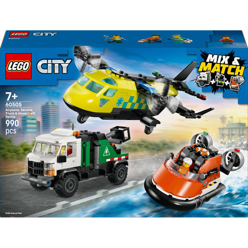 Lego City Set mit Flugzeug, Servicewagen und Hovercraft. Die Box zeigt die Modelle auf einem Wasserhintergrund.
