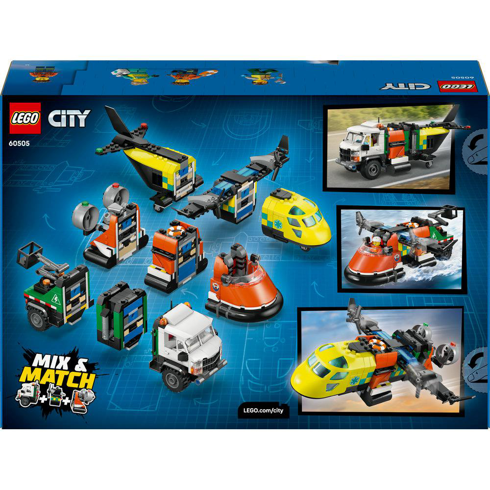 Lego City-Box. Gezeigt werden mehrere Spielzeugfahrzeuge: ein Hubschrauber, ein Lastwagen, ein Boot und andere. Der Hintergrund ist blau.