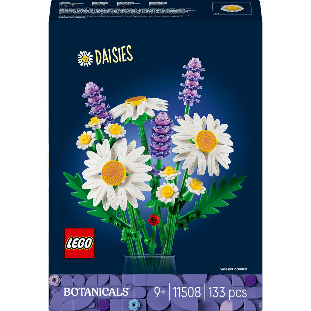 Schachtelkunst von LEGO Botanicals. Zeigt weiße Gänseblümchen, Lavendel, grüne Stiele und einen roten Marienkäfer. Dunkelblauer Hintergrund.