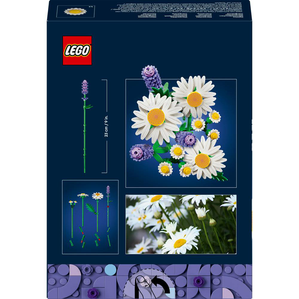 LEGO-Schachtel mit Gänseblümchen- und Lavendelbildern. Weiße Gänseblümchen mit gelben Zentren und lila Lavendel. LEGO-Logo.