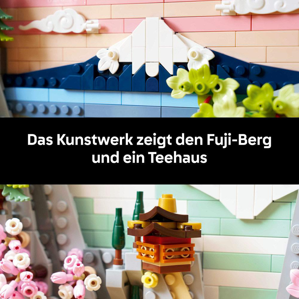 Ein Lego-Modell des Fuji, eine Pagode und Kirschblüten im Vordergrund. Der Hintergrund zeigt einen rosa-blauen Himmel.