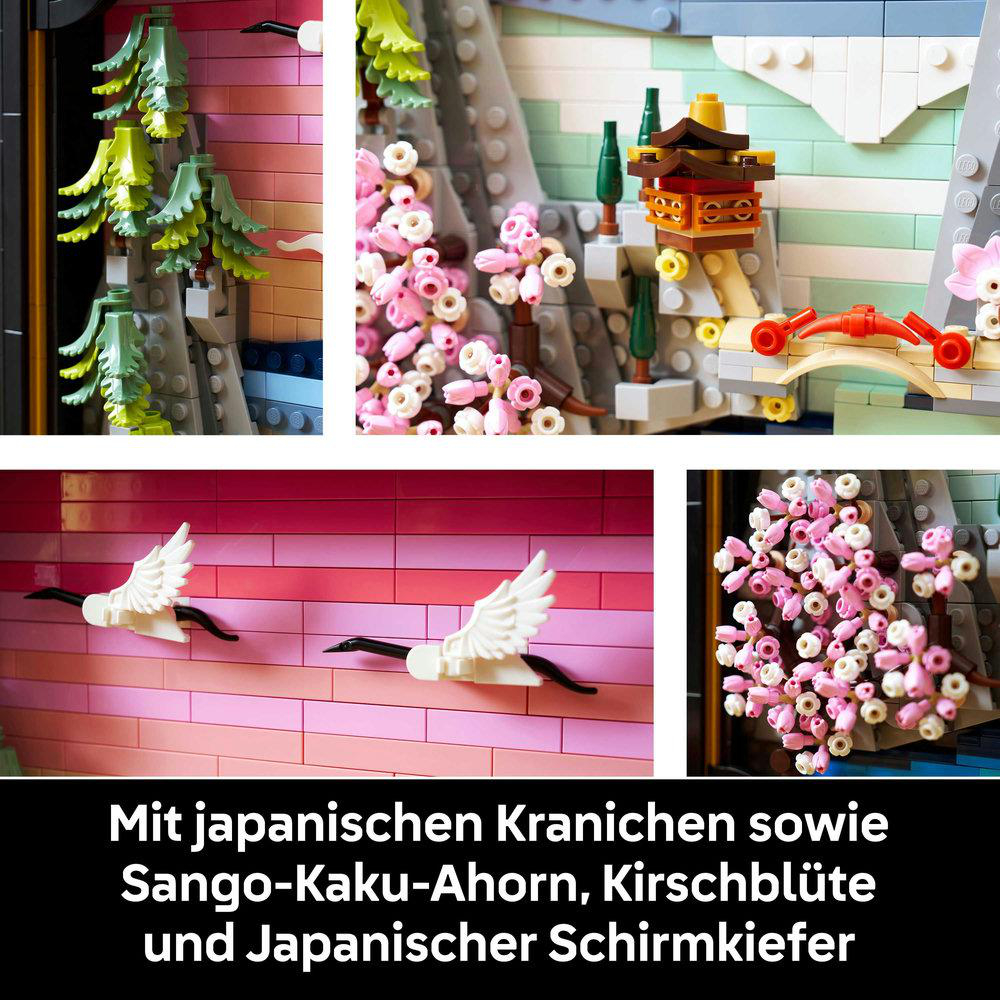 Lego-japanische Szene mit Kranichen, Kirschblüten und einer Pagode. Rosa und Weiß dominieren, mit schwarzem Hintergrund.