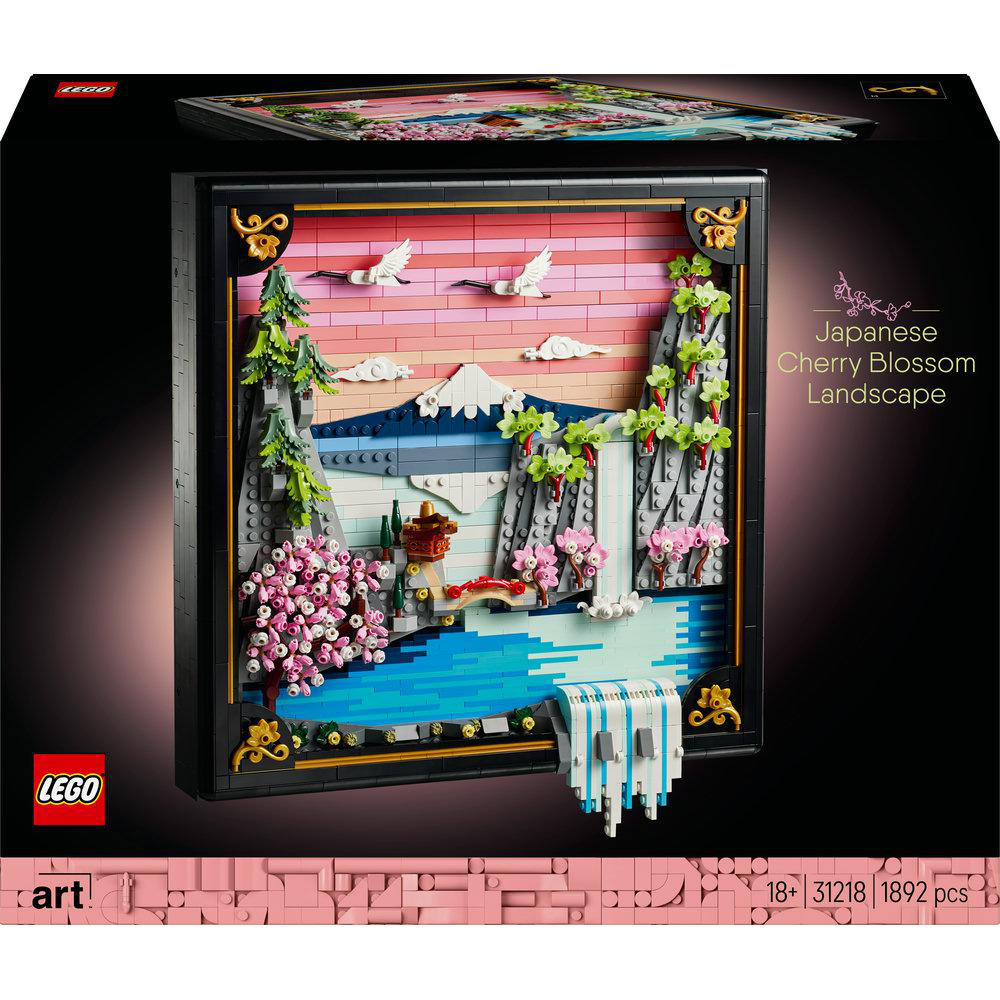 Lego Japanische Kirschblütenlandschaft. Enthält Berge, Wasserfall, Kirschbäume, weiße Vögel und eine Brücke. Schwarzer Rahmen.