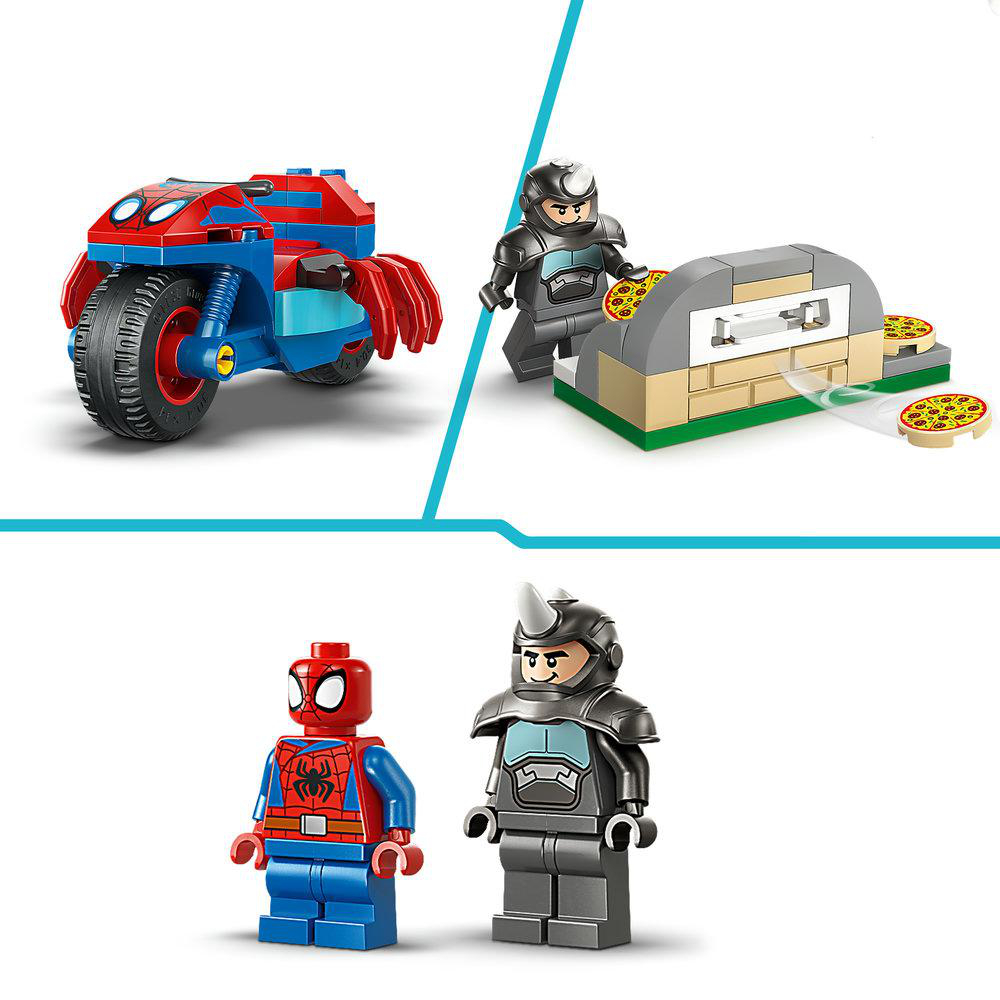 Lego-Set mit Spider-Man-Motorrad, Rhino- und Spider-Man-Figuren und einem Pizzaofen. Verschiedene Farben: Rot, Blau, Grau und Gelb.