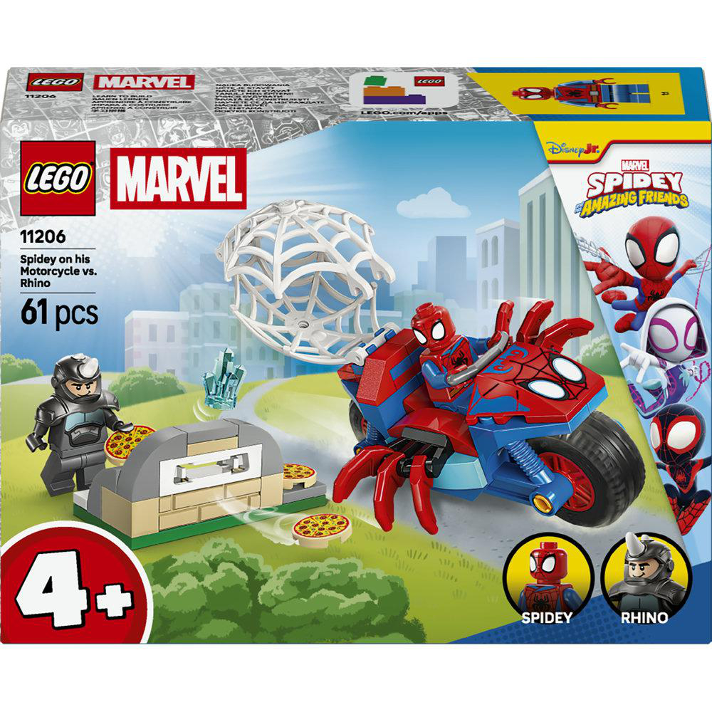 Lego Marvel Set-Box. Spidey auf einem rot-blauen Motorrad, Rhino und Spidey-Figuren sind enthalten. Die Box enthält 61 Teile.