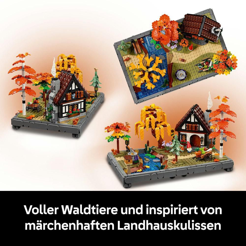 Drei Lego-Szenen mit Häusern, Bäumen und Landschaften. Eine Szene zeigt einen Wagen. Herbstliche Farben dominieren die Szenen.
