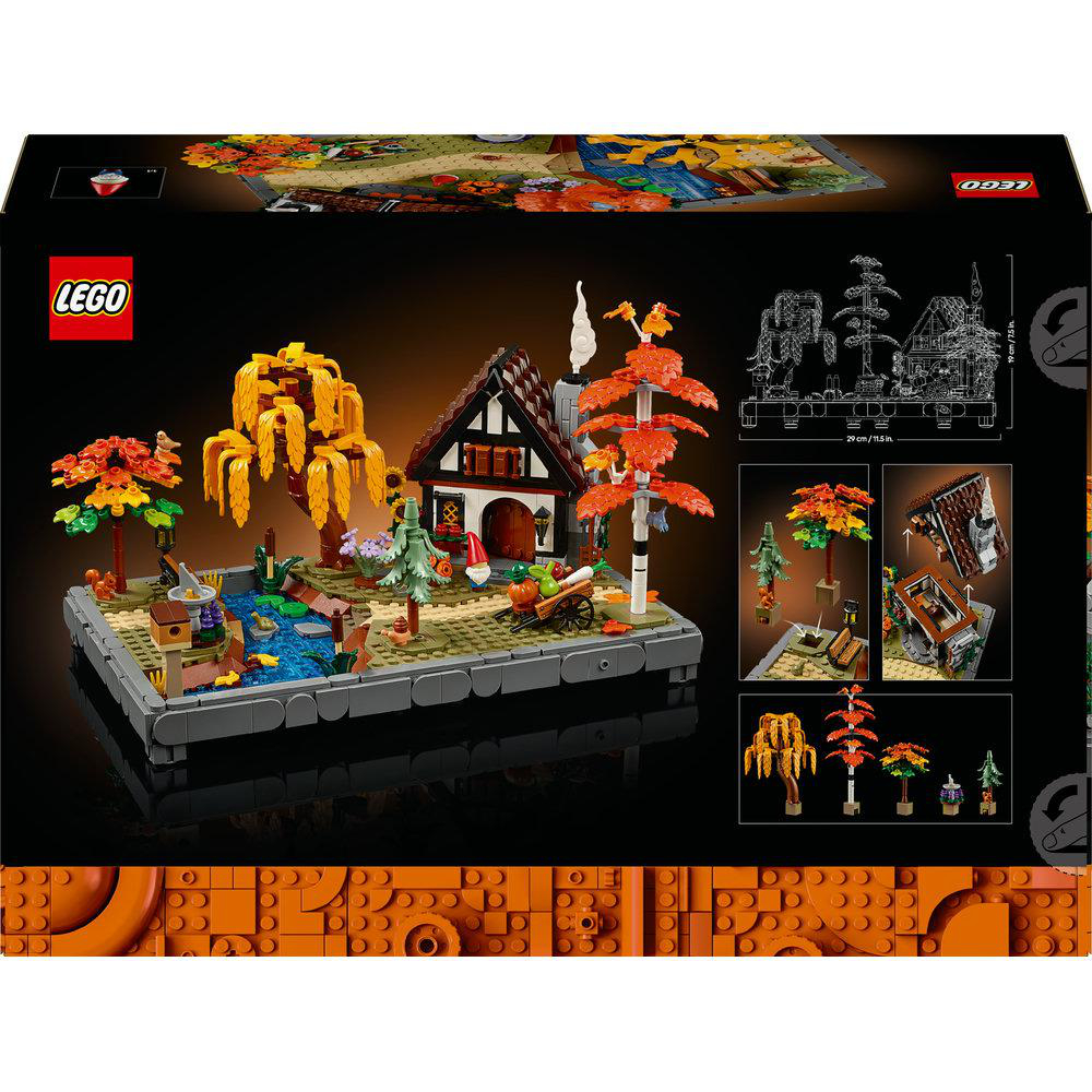 Lego-Set-Box. Szene zeigt ein Haus, Bäume, Fluss und einen Wagen. Box zeigt Details und ein Lego-Logo.