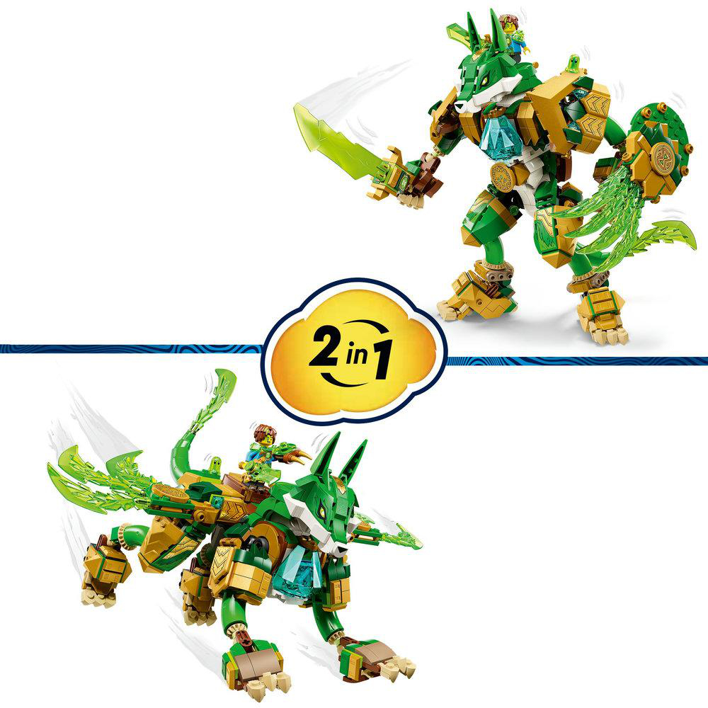 Ein grün-goldenes Lego-Set zeigt zwei Formen: einen wolfsähnlichen Mech mit Schwert und ein drachenartiges Wesen. Ein '2 in 1'-Logo ist vorhanden.