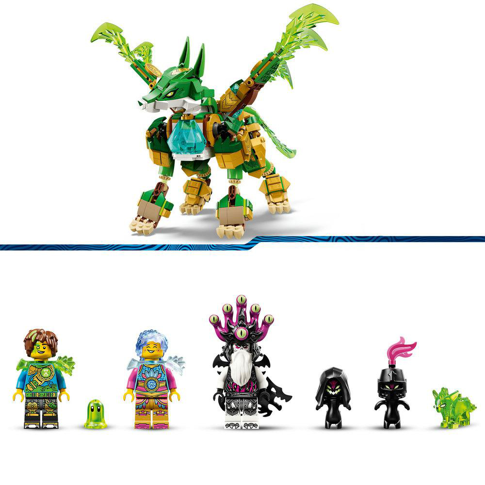 Ein Lego-Set mit einem grün-goldenen Drachen und Minifiguren. Minifiguren umfassen Charaktere mit verschiedenen Outfits und Zubehör.