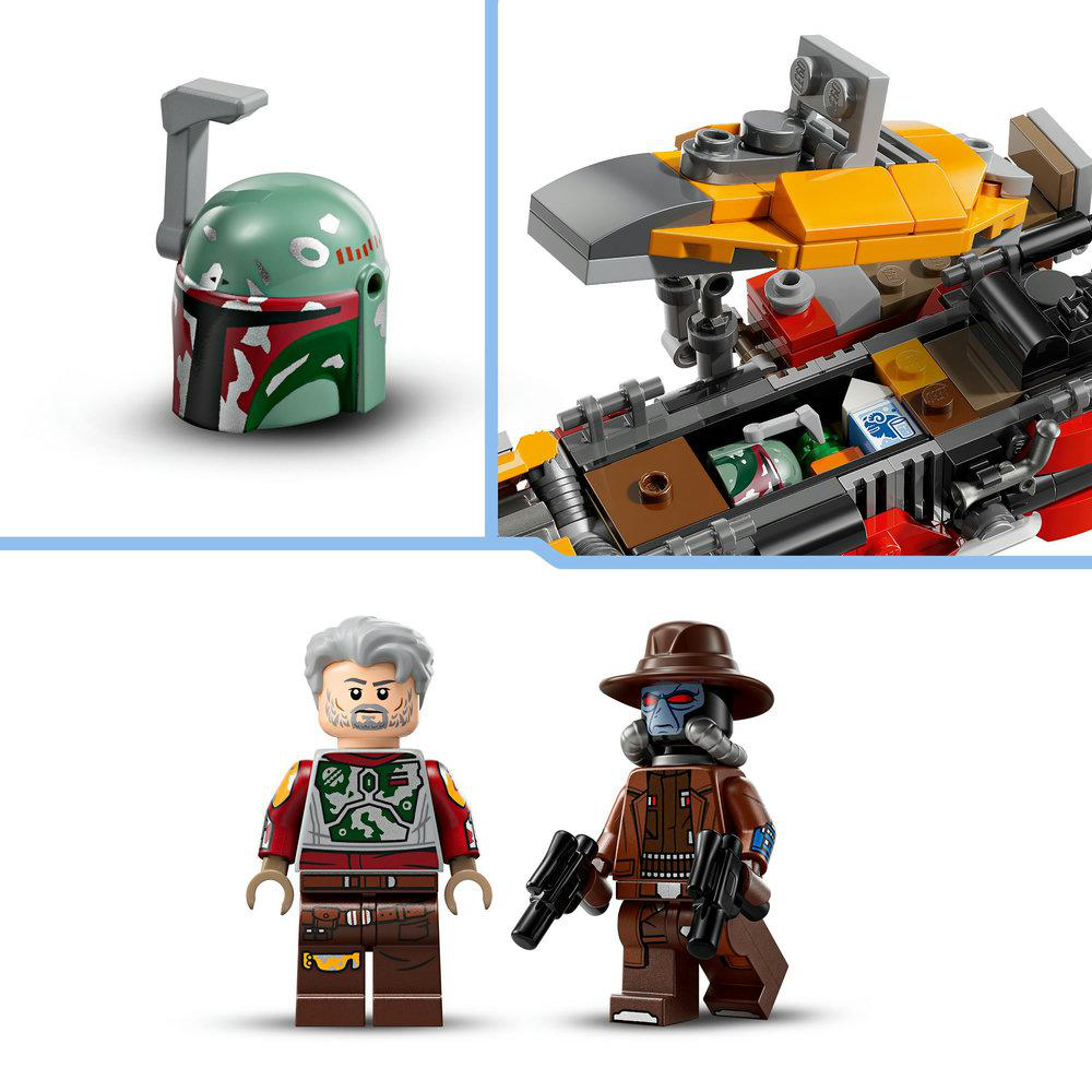 Das Bild zeigt Lego Star Wars Minifiguren: Boba Fett, zwei weitere Charaktere und ein Raumschiffmodell, alles vor weißem Hintergrund.