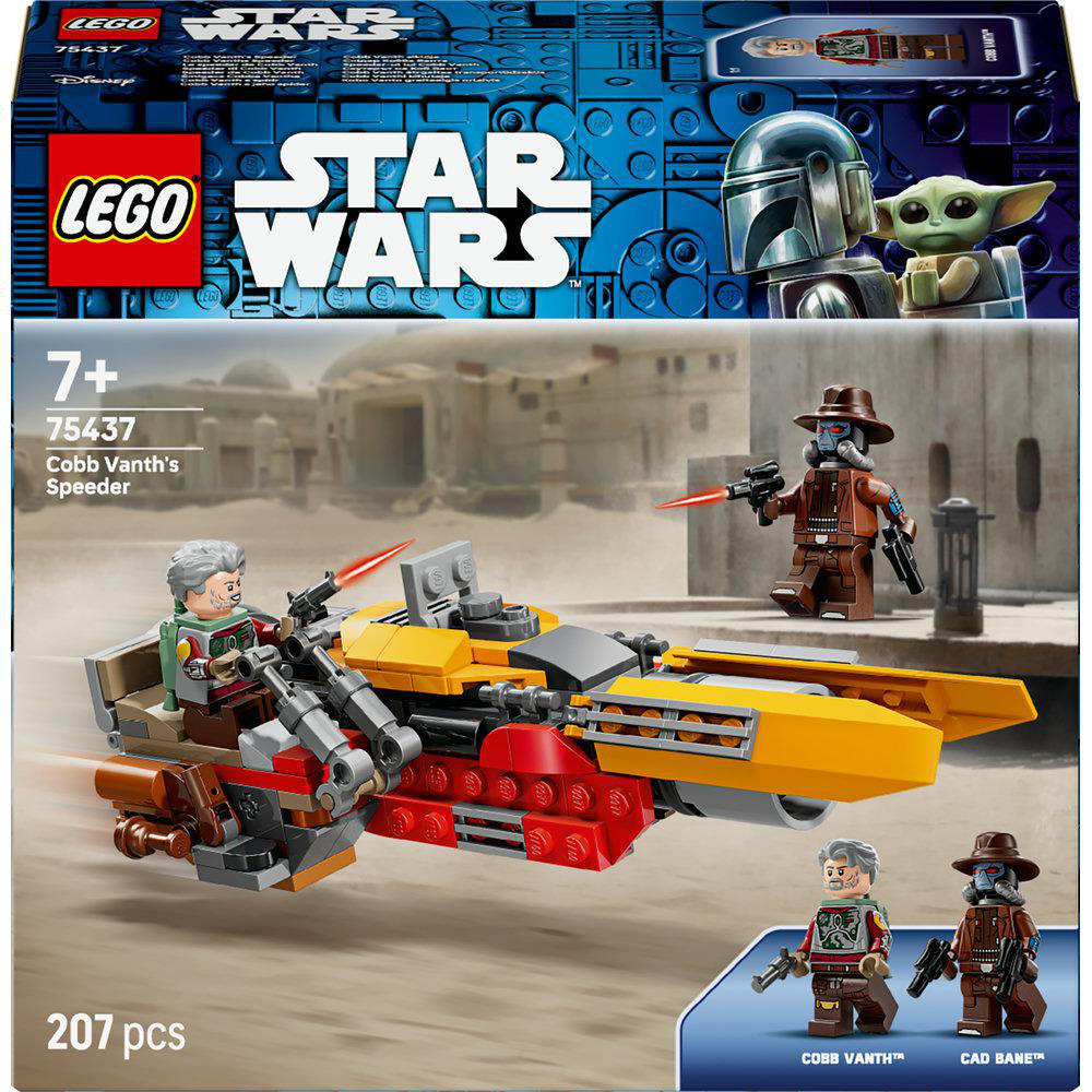 LEGO Star Wars Set. Cobb Vanths Speeder mit Minifiguren. Die Box zeigt den Mandalorianer, Grogu und zwei Charaktere.