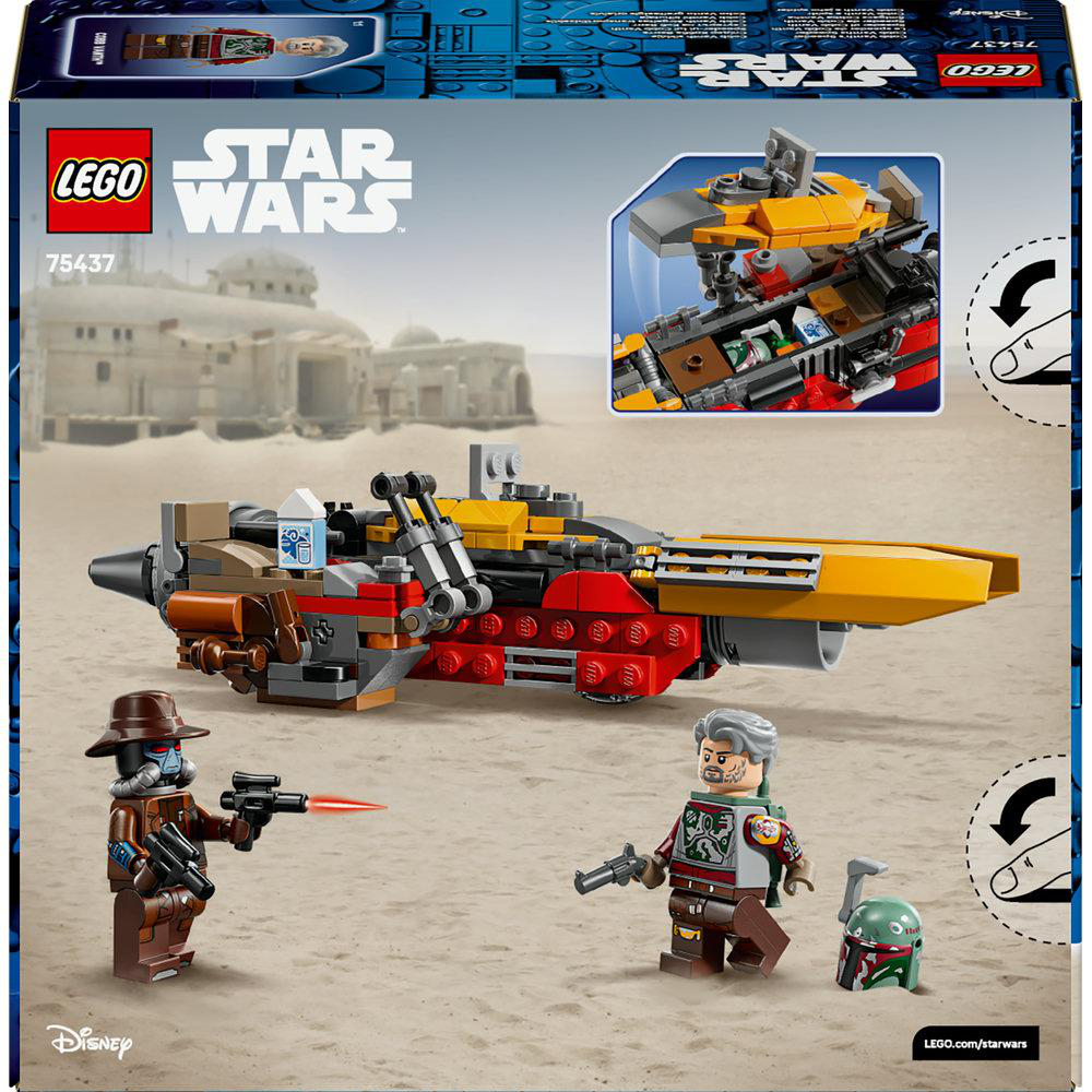 Lego Star Wars Set. Zeigt einen gelb-braunen Speeder, zwei Minifiguren und einen illustrierten Hintergrund einer Wüstenlandschaft.