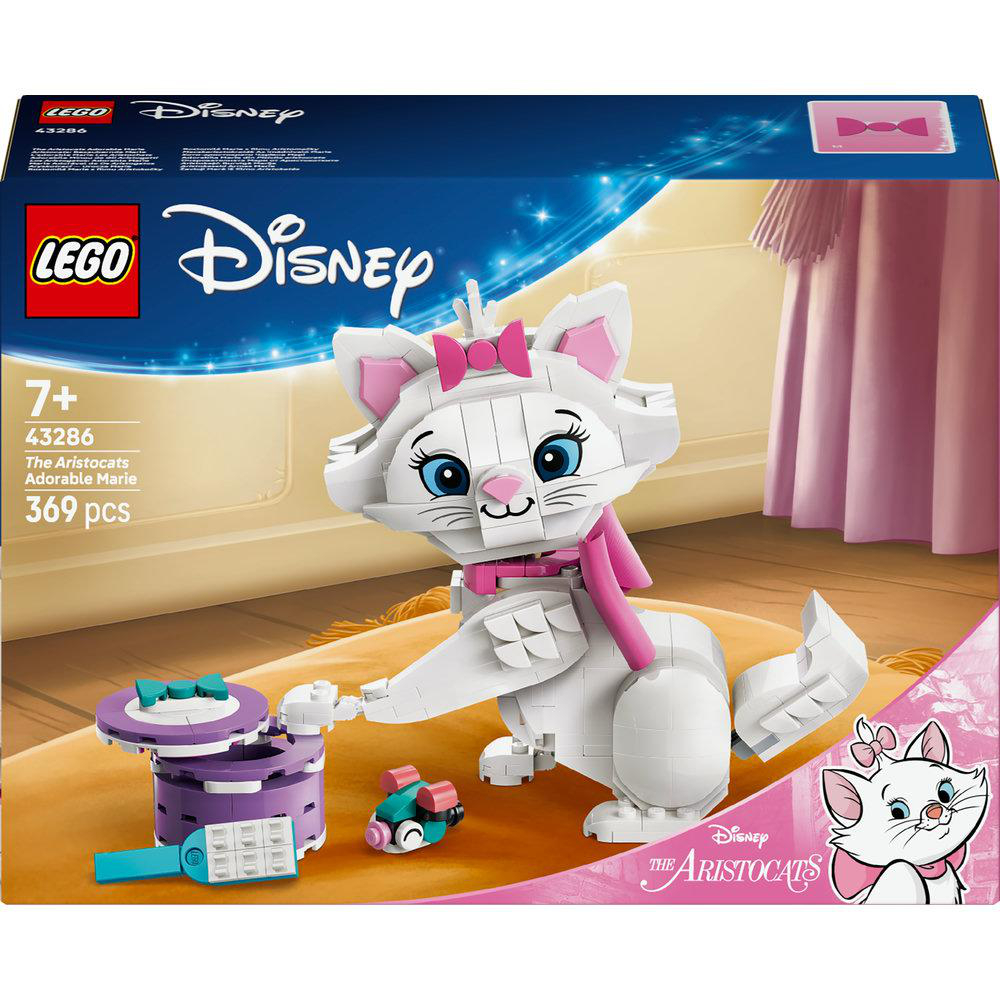 Ein Lego Disney Set von Marie aus Aristocats. Die Box zeigt Marie, einen lila Behälter und ein kleines Spielzeugauto.