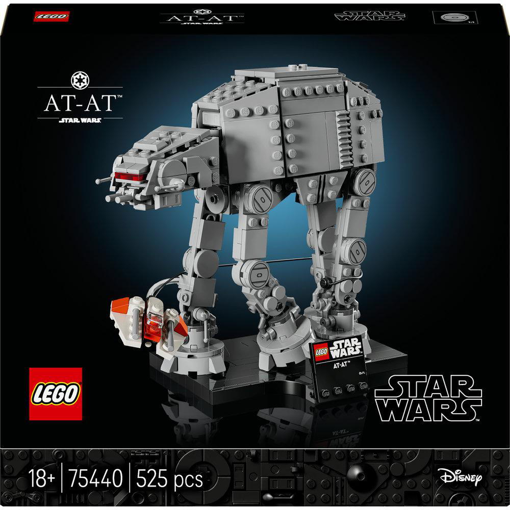 Ein Lego AT-AT Star Wars Set auf schwarzem Hintergrund. Das Set ist grau mit roten und weißen Details. Die Box hat das Lego- und Star Wars-Logo.