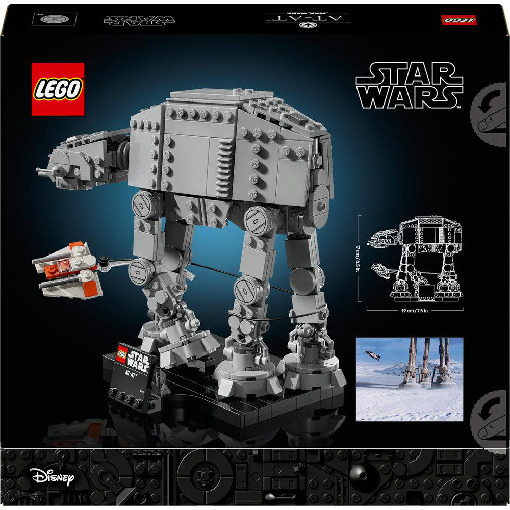 LEGO Star Wars AT-AT-Set-Box. Graues AT-AT-Modell mit einem kleinen weiß-orangen Schiff. Star Wars und LEGO Logos sind sichtbar.