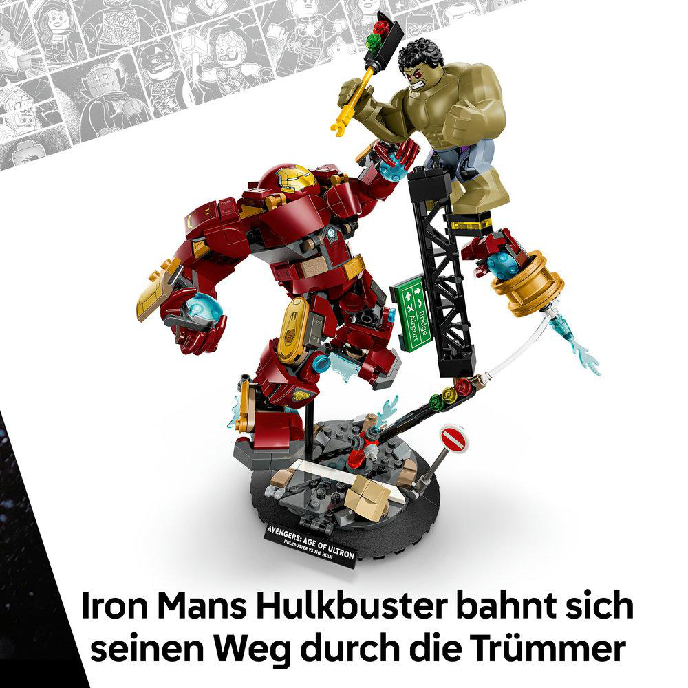 Iron Mans Hulkbuster Lego-Set kämpft gegen Hulk. Enthält eine Brücke, Straßenschilder und Trümmer. Actionreiche Szene mit Figuren.