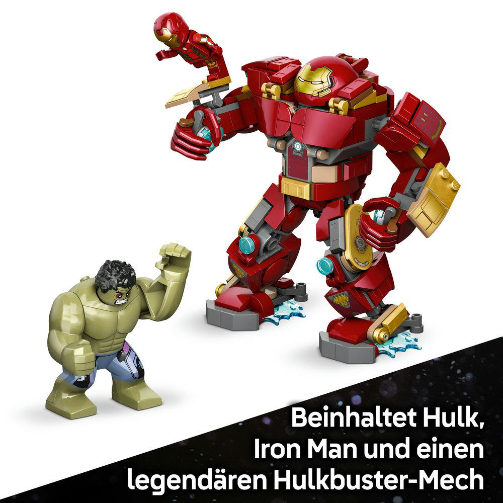 Das Bild zeigt einen Hulkbuster-Mech, Hulk und Iron Man. Der Mech ist rot und gold. Hulk ist grün, Iron Man ist rot.