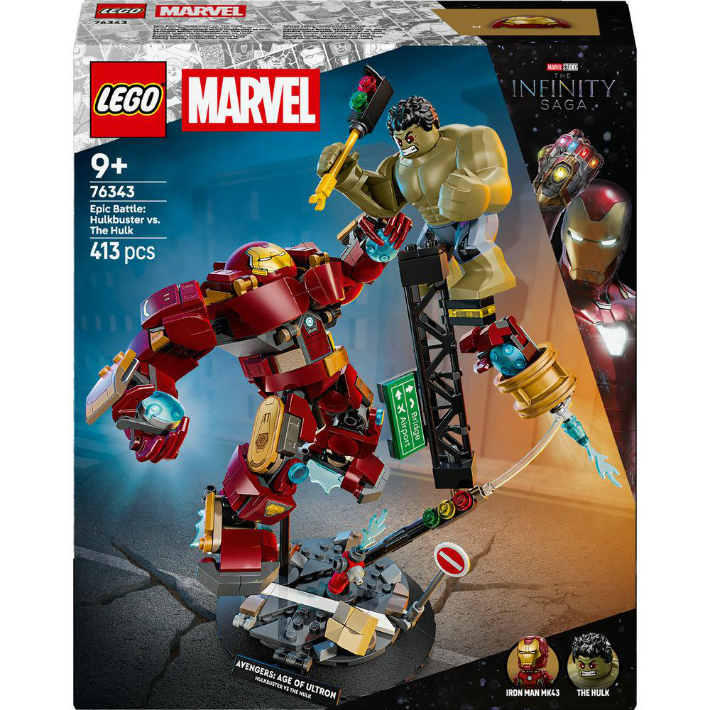 Lego Marvel Set. Hulkbuster und Hulk Figuren kämpfen. Iron Man und Thanos sind im Hintergrund.