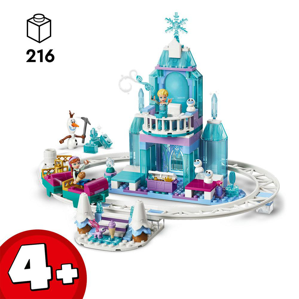 Ein Lego-Set mit einem blau-violetten Schloss, mit Figuren von Elsa, Olaf und anderen Charakteren. Das Set ist für Kinder ab 4 Jahren.