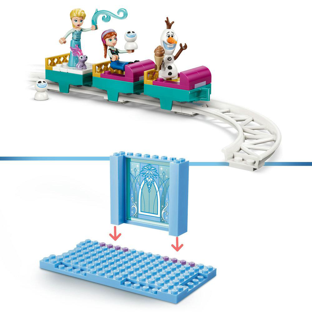 Lego-Set mit Frozen-Charakteren auf einer Achterbahn. Enthält Anna, Elsa, Olaf und ein Gebäude mit Pfeilen.