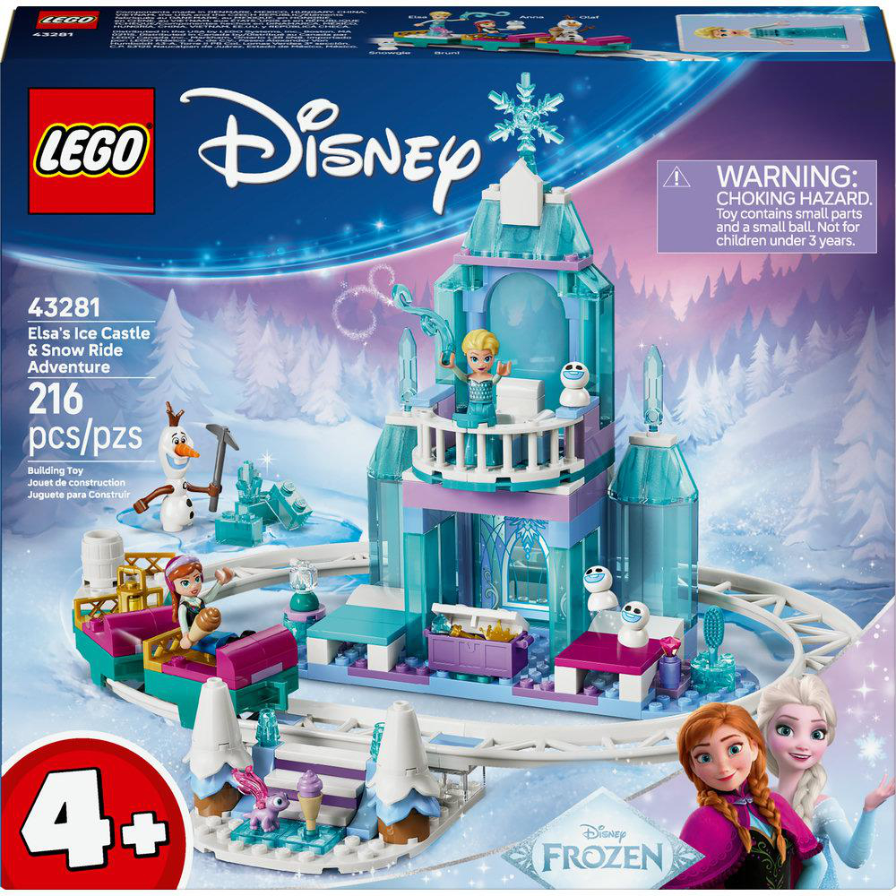 LEGO Disney Frozen Set. Elsas Eispalast mit Figuren von Elsa, Anna, Olaf und einer Schneefahrt. Eine Warnung vor Kleinteilen ist enthalten.