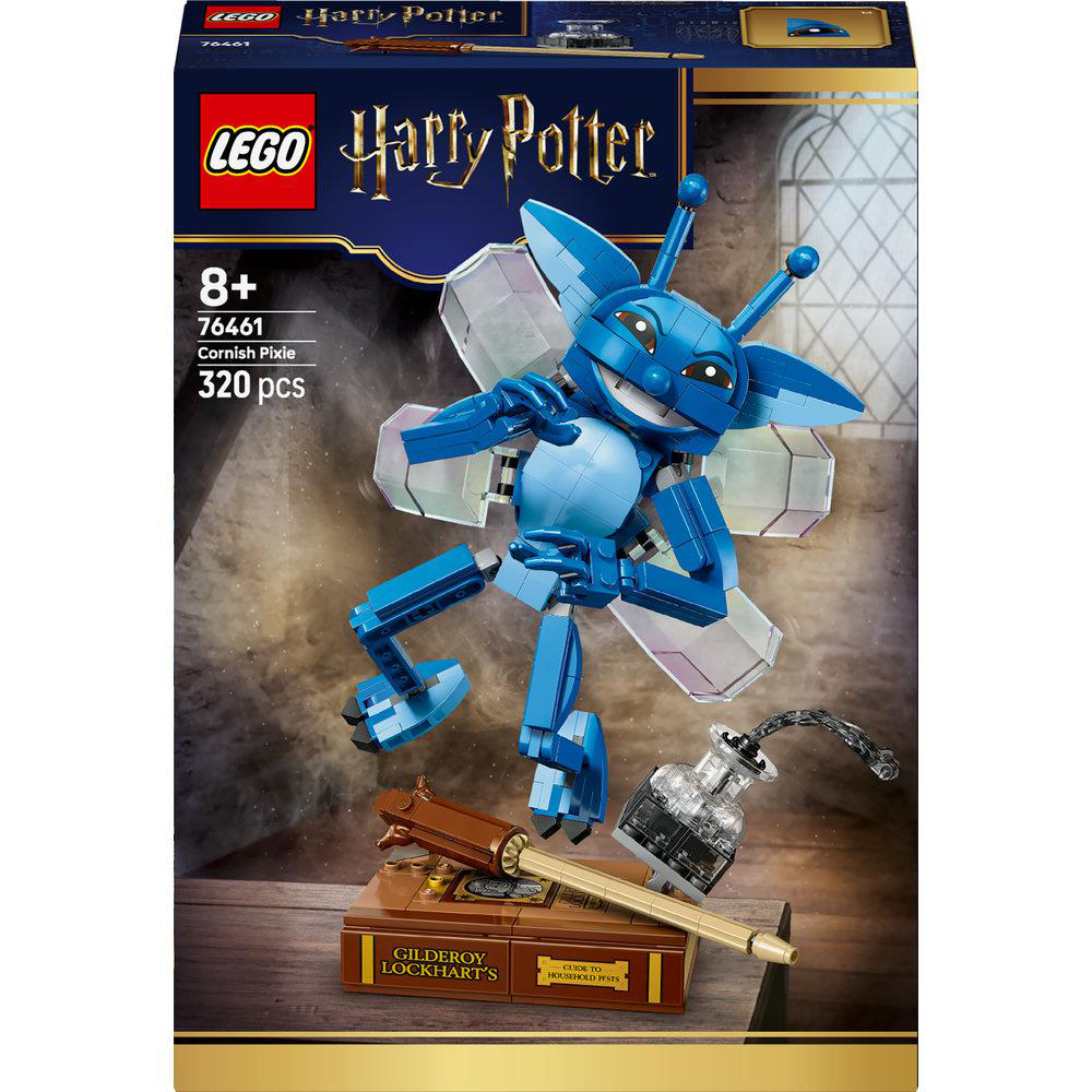 LEGO Harry Potter-Setbox. Sie zeigt ein blaues Cornish Pixie-Modell mit Flügeln, ein Buch und eine Tintenflasche.