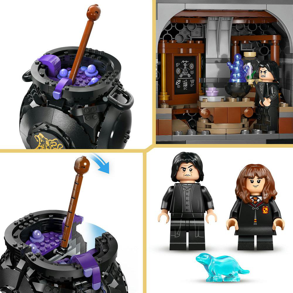 Lego-Set, das eine Zaubertrankklasse darstellt. Ein Kessel mit Holzstab, Minifiguren und eine Klassenzene sind zu sehen.
