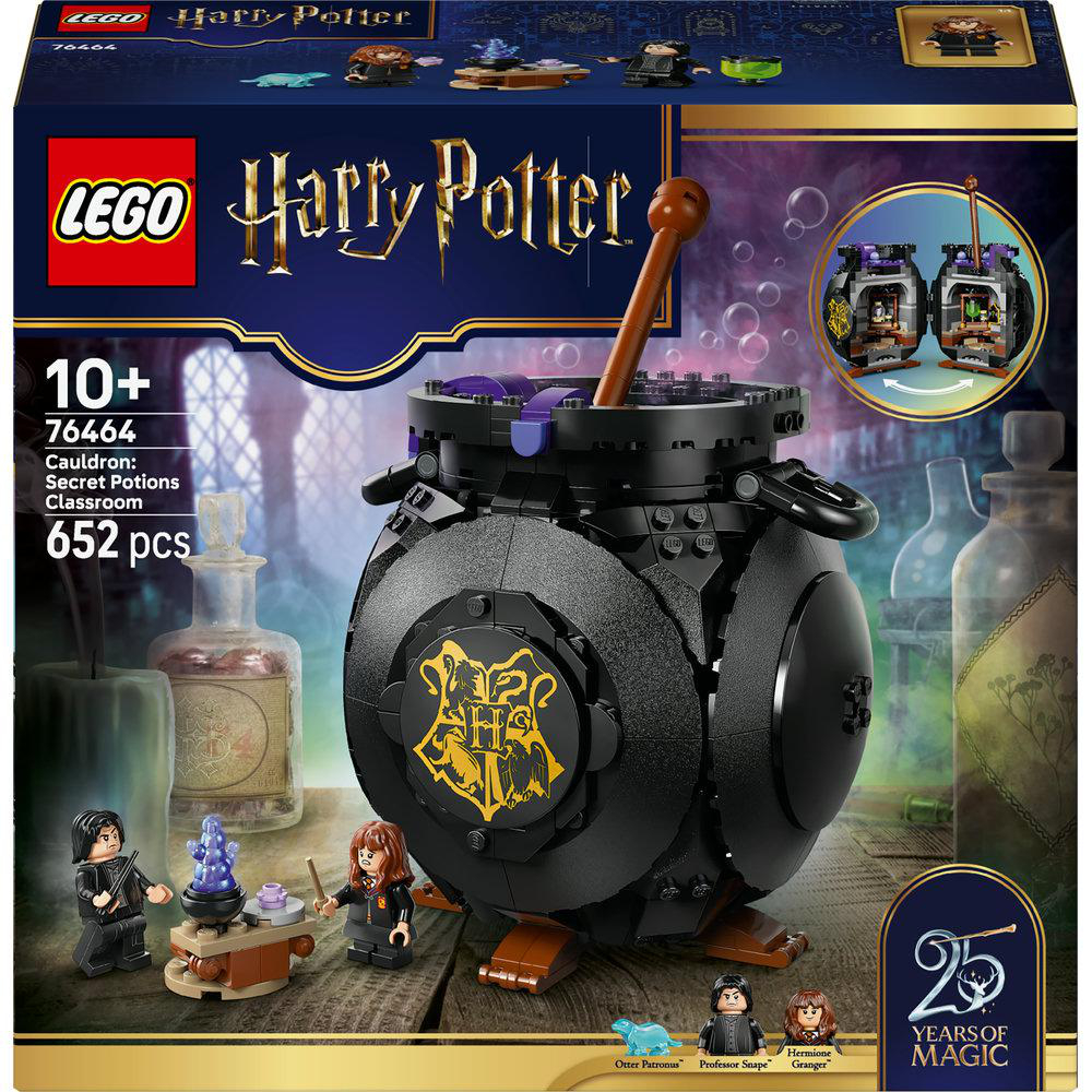 LEGO Harry Potter Set. Enthält einen großen schwarzen Kessel, Minifiguren und das Hogwarts-Wappen. Die Box trägt die Aufschrift 76464 und 652 Teile.