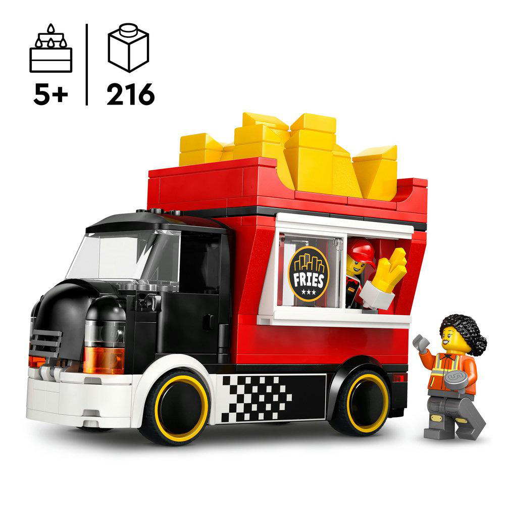 Ein Lego-Imbisswagen mit Pommes oben drauf. Eine Minifigur steht daneben. Der LKW ist rot, schwarz und weiß.