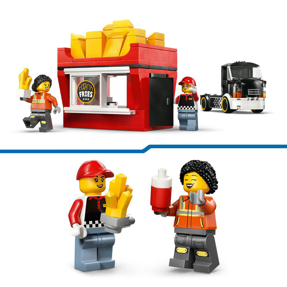 Lego-Pommesbude mit Figuren. Eine Figur hält Pommes, eine andere ein Getränk. Ein LKW parkt in der Nähe. Rote und gelbe Farben.