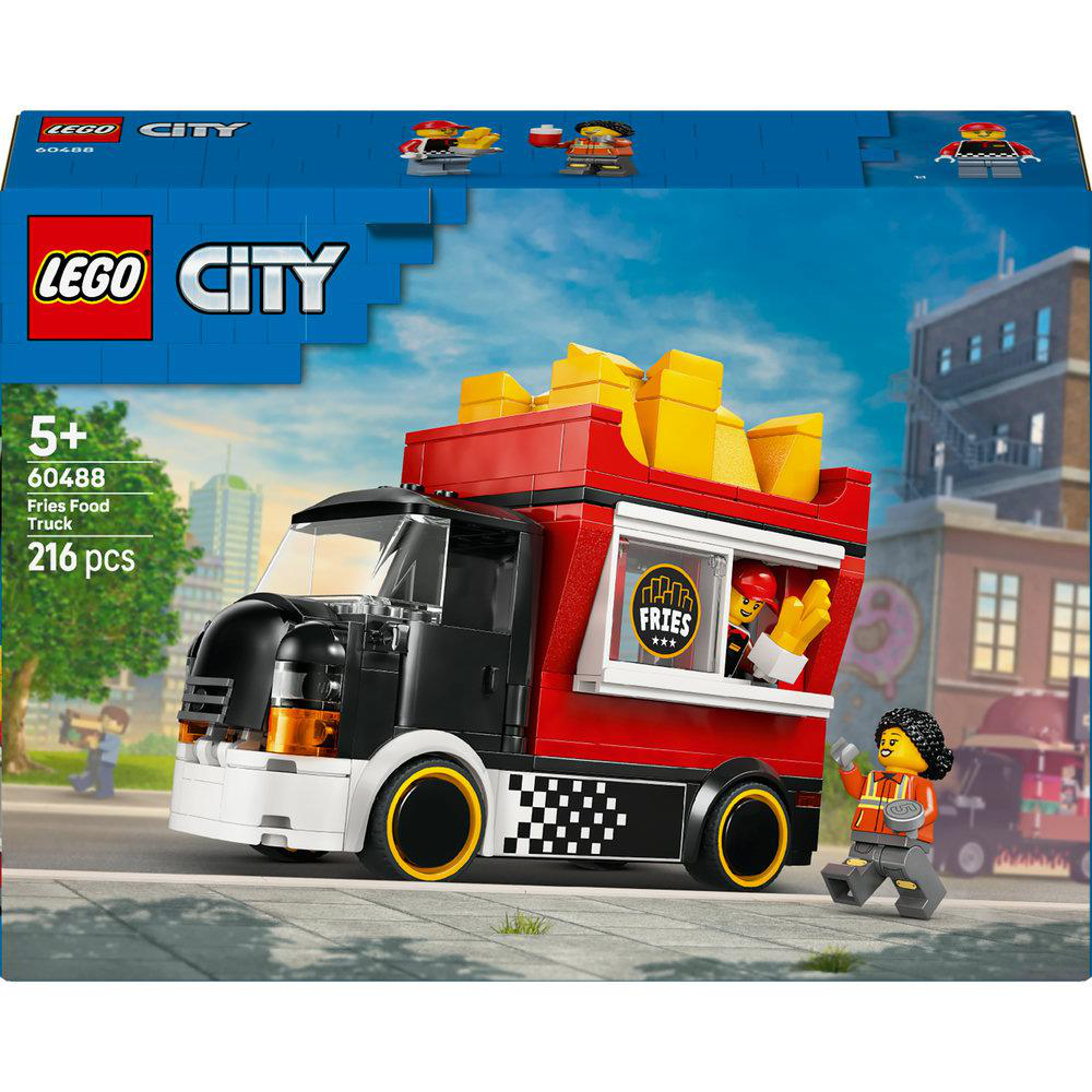 Lego City Pommes-Foodtruck-Set. Enthält einen rot-schwarzen Truck, Pommes und eine Minifigur mit Tablett und Kunde.