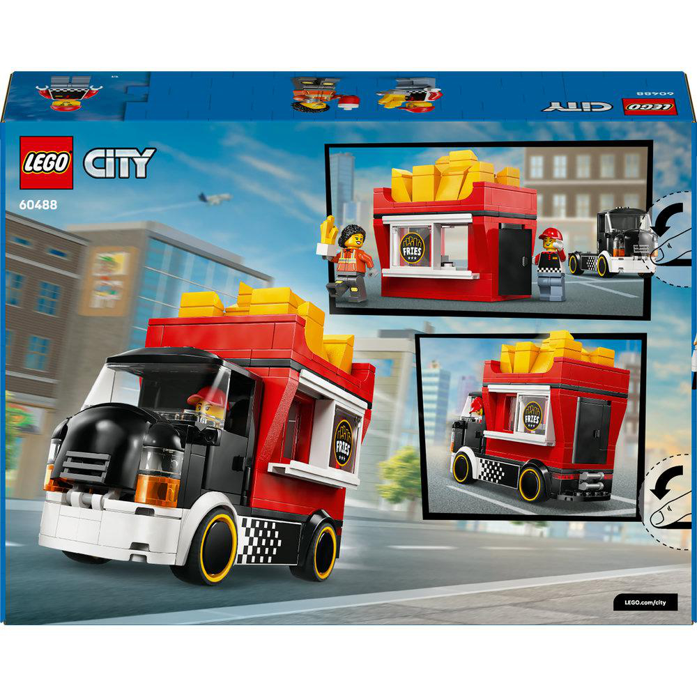 LEGO City Pommes-Truck-Set. Roter Truck mit schwarzen Details. Enthält Minifiguren und Beschilderung für Pommes.