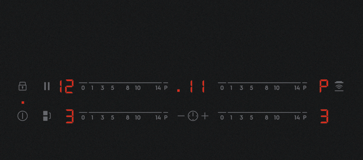 Czarny panel sterowania płyty grzewczej z czerwonymi wyświetlaczami cyfrowymi pokazującymi liczby i symbole.