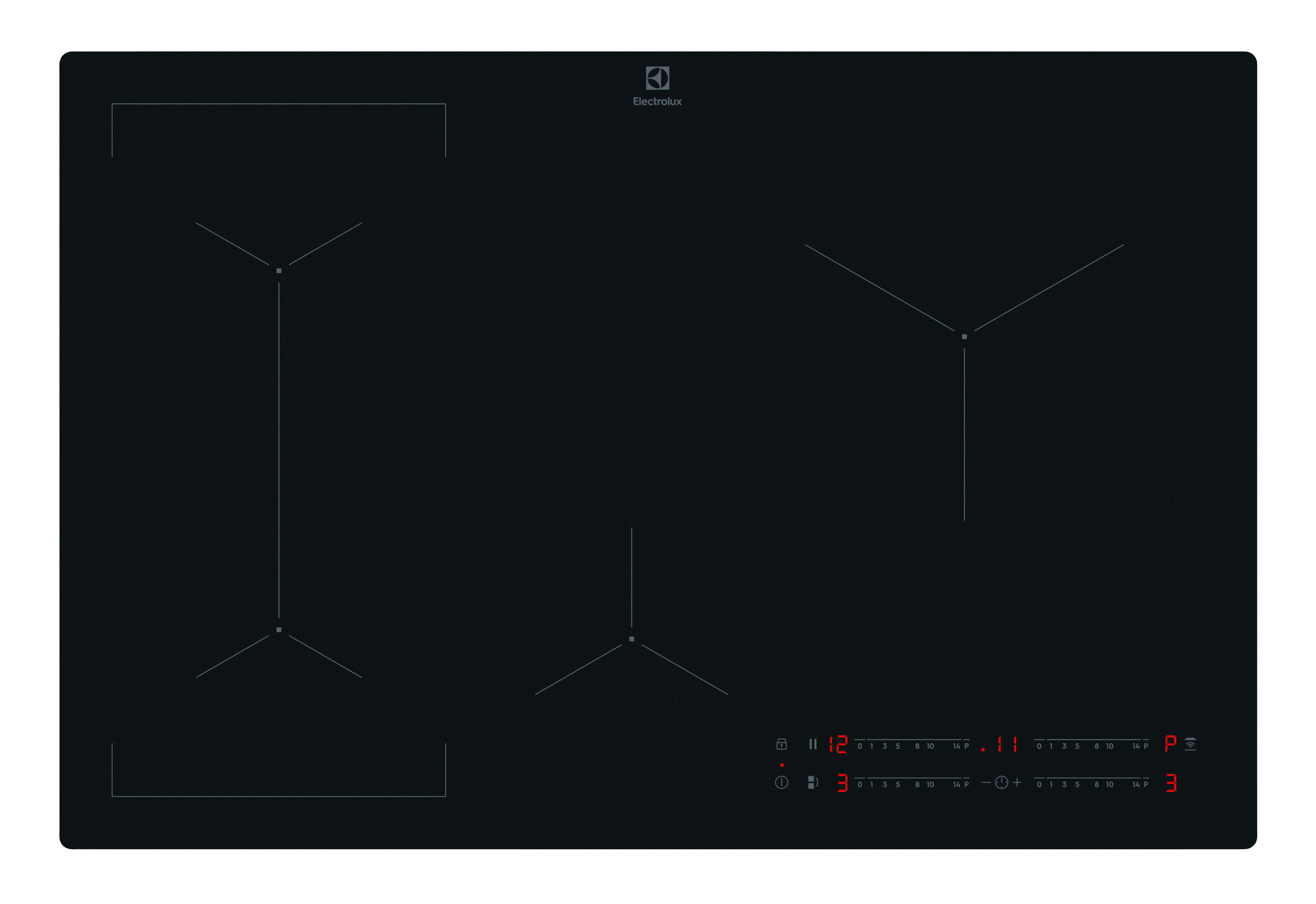 Czarna płyta indukcyjna Electrolux z trzema strefami gotowania. Posiada sterowanie dotykowe i wyświetlacz cyfrowy.