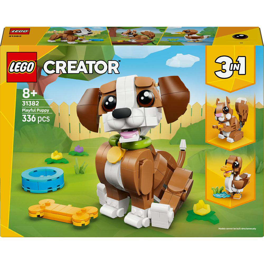 Eine Lego Creator-Box zeigt ein verspieltes Hundemodell. Die Box zeigt auch Modelle eines Eichhörnchens und einer Ente, und das Alter ist 8+.