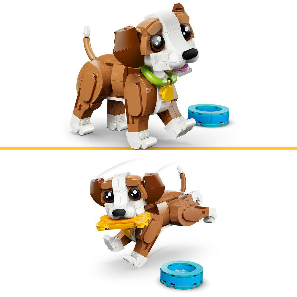 Zwei Lego-Hunde, braun und weiß, mit blauen Schalen. Einer steht; der andere hat einen gelben Knochen im Maul.