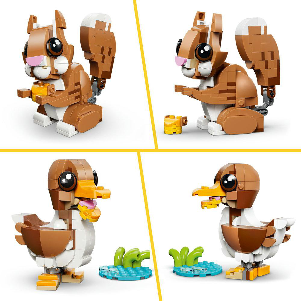 Vier LEGO-Tiermodelle: zwei Eichhörnchen und zwei Enten. Jedes hat braune, weiße und gelbe Farben.