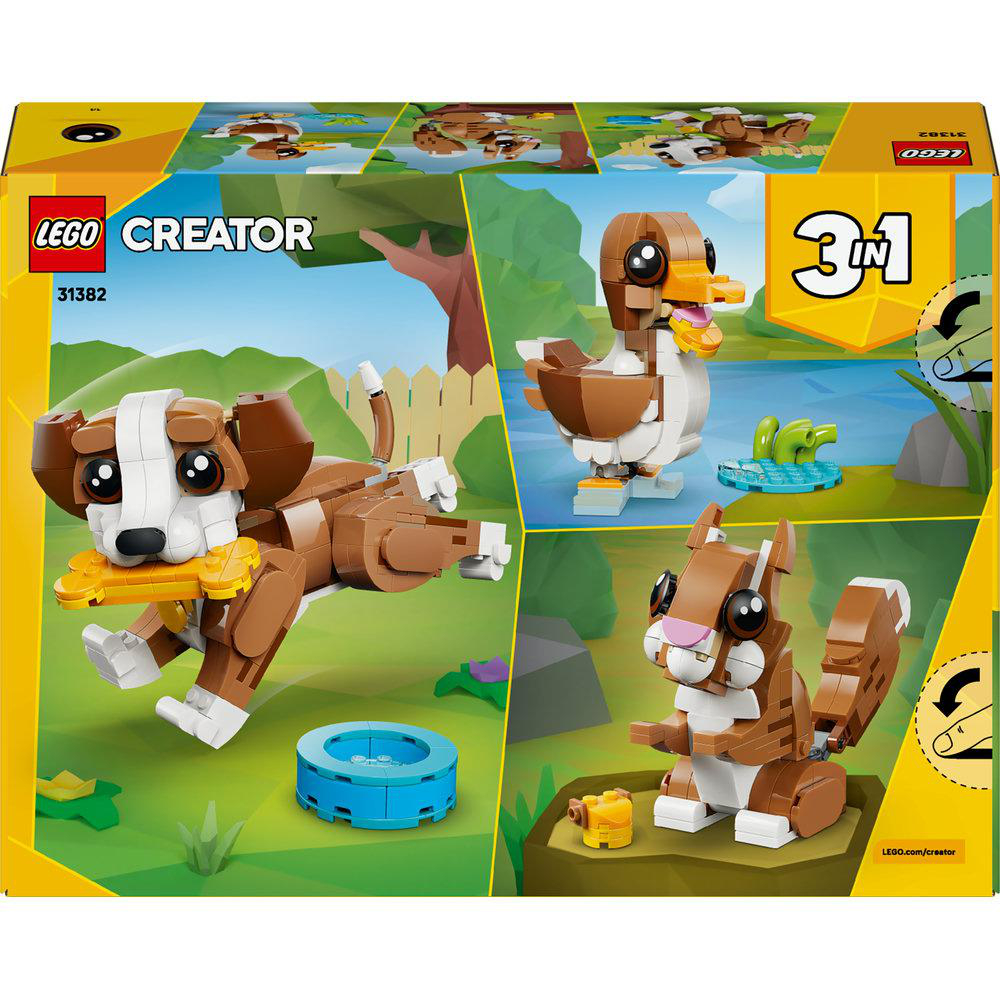 Lego Creator Box mit 3-in-1-Modellen: ein Hund mit Knochen, eine Ente und ein Eichhörnchen. Im Hintergrund ein Holzzaun.