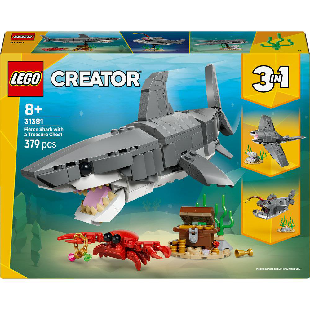 LEGO Creator Set-Box. Enthält einen grauen Hai, eine rote Krabbe, eine Schatzkiste und ein Flugzeug. Text: 'Fierce Shark with a Treasure Chest'.