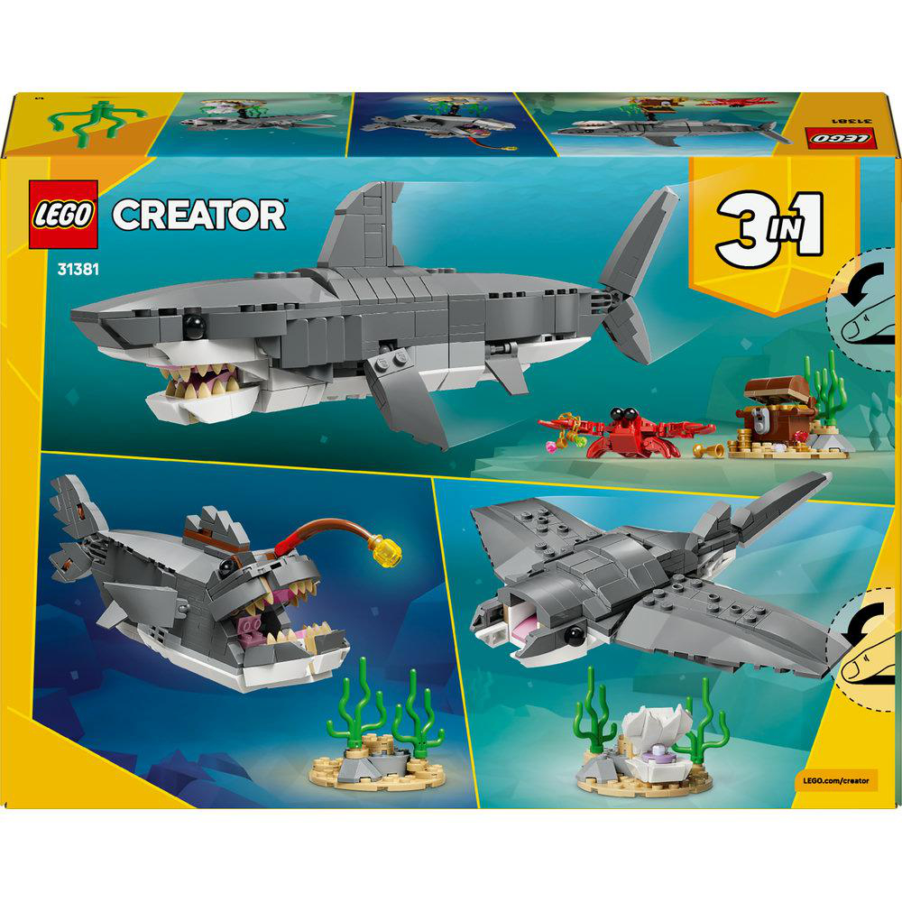 LEGO Creator 3-in-1 Set. Enthält einen Hai, einen Anglerfisch und ein Flugzeug. Die Box hat einen gelben Hintergrund. Logos und Bilder sind vorhanden.