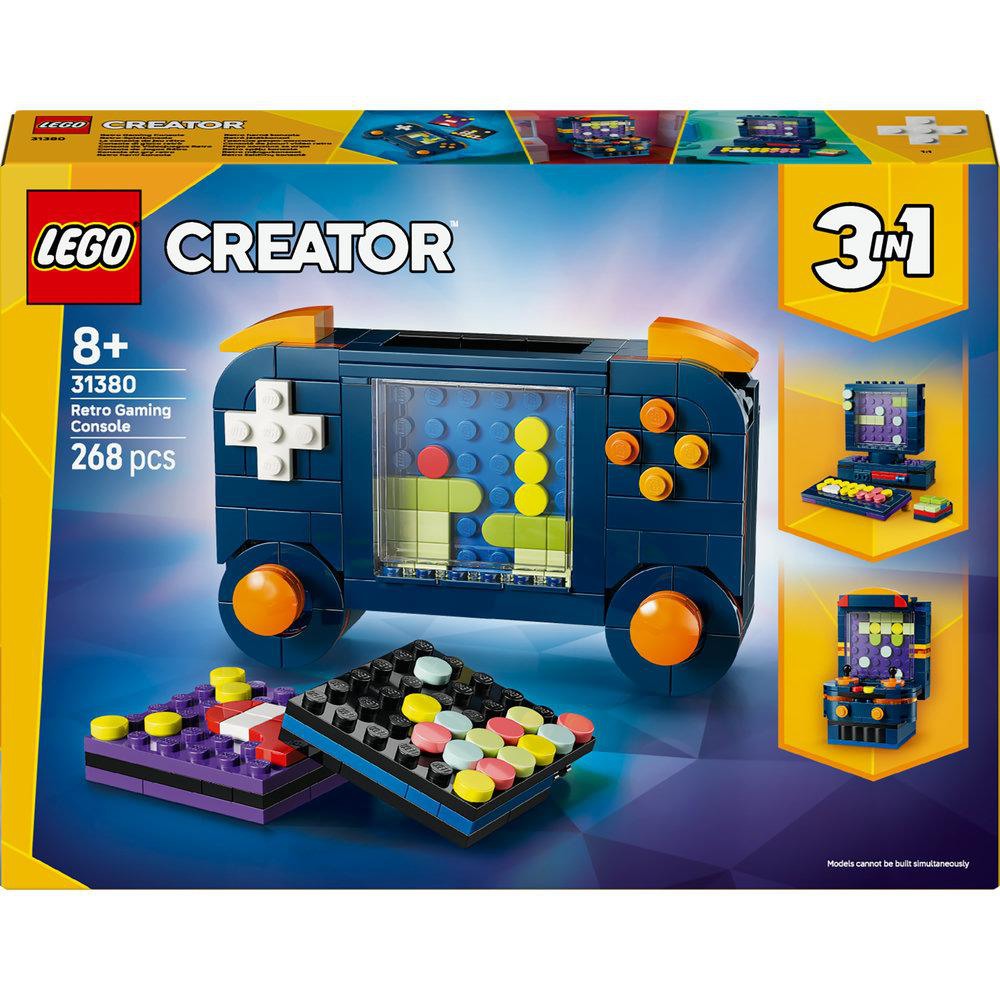 Ein Lego Creator Set. Die Box zeigt ein blaues Retro-Gaming-Konsolenmodell mit kleineren Modellen von Konsolen und Spielsteinen.