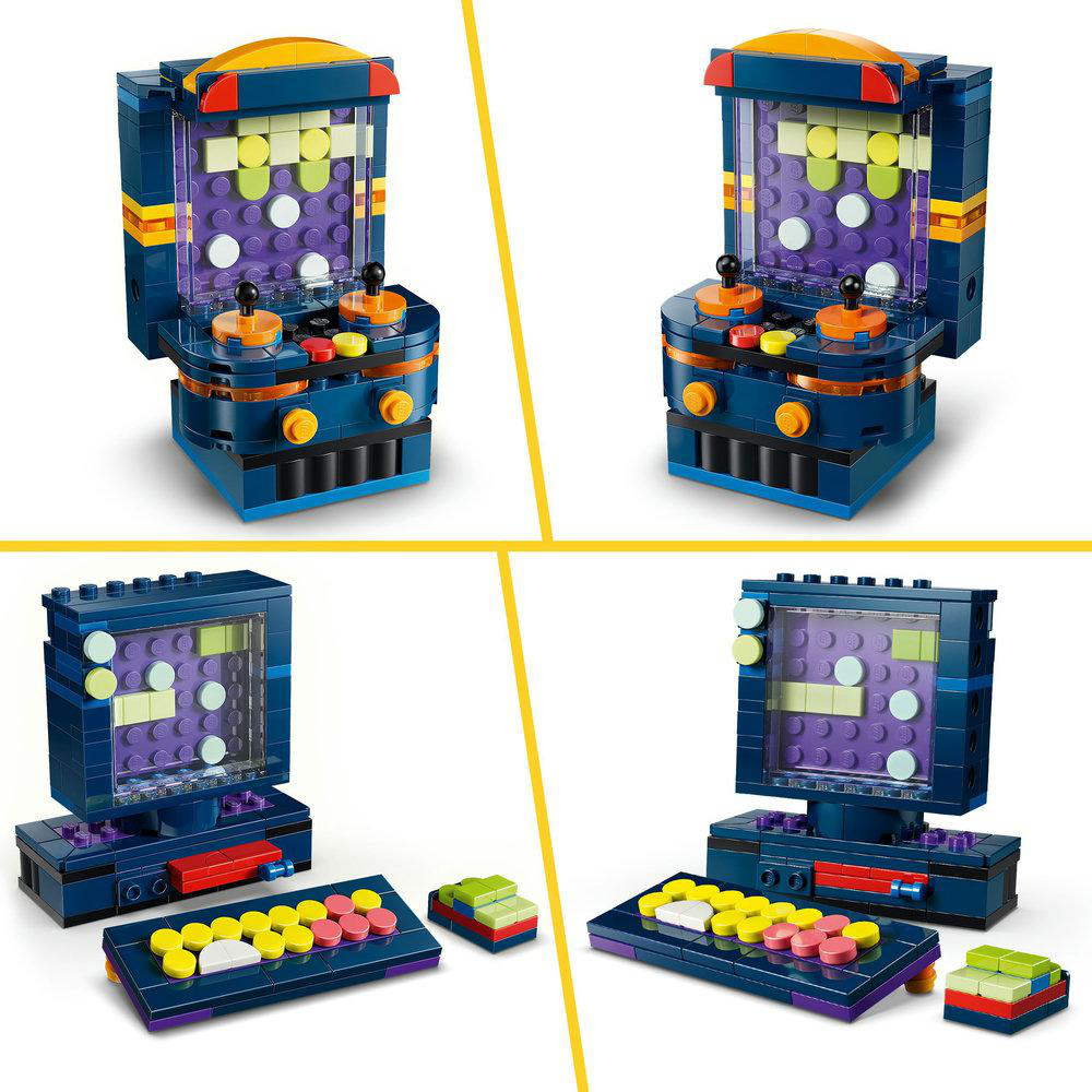 Vier Bilder eines Lego-Arcade-Spiels. Das Spiel ist blau mit orangefarbenen und gelben Akzenten. Es gibt Joysticks und einen Bildschirm.