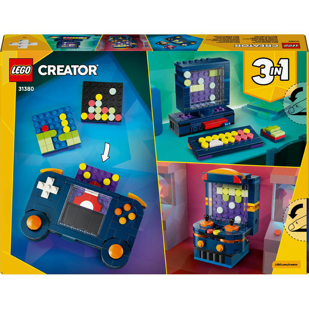 LEGO Creator 3-in-1-Set-Box. Enthält eine blaue Spielekonsole, einen Computer und eine Spielmaschine aus LEGO-Steinen.